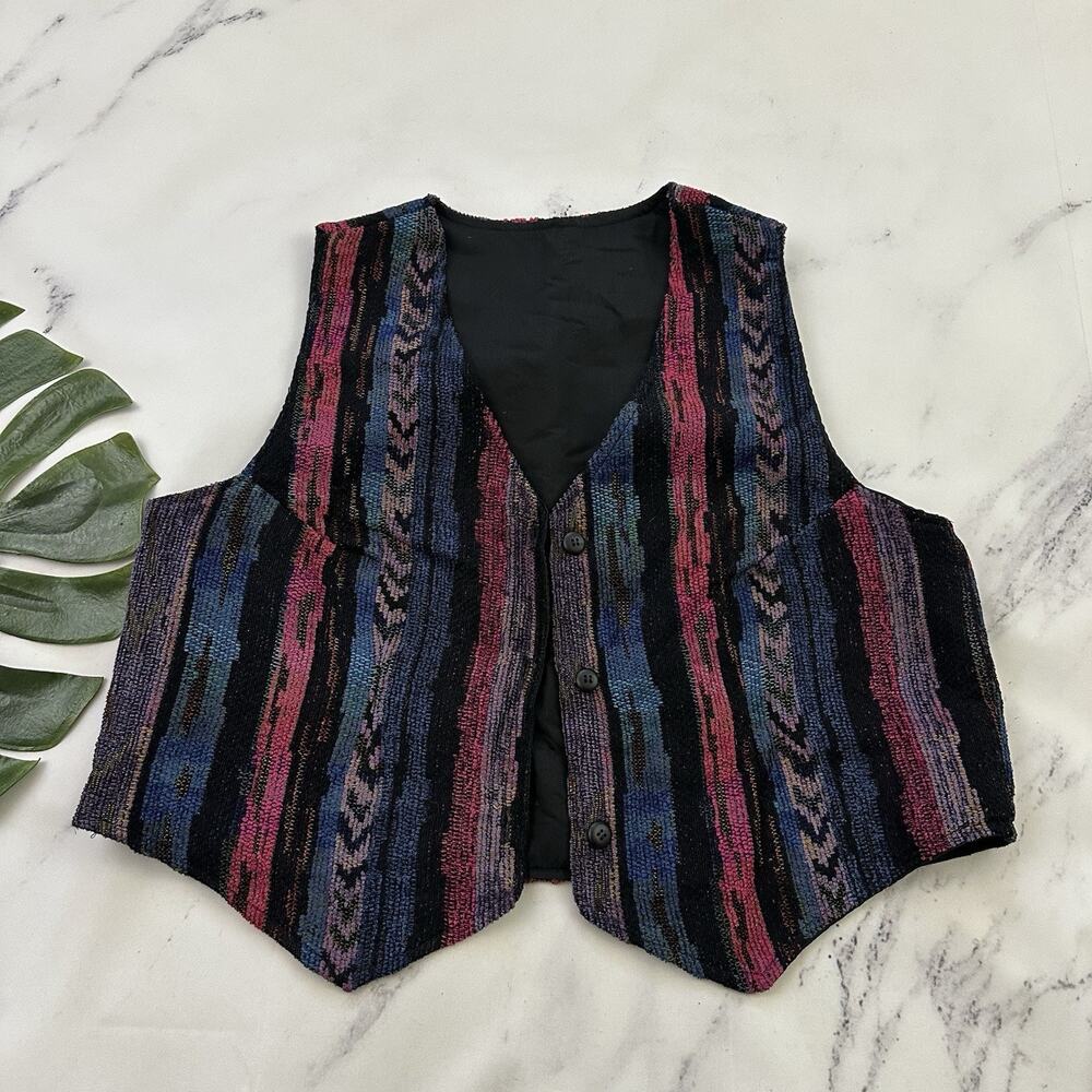 Womens Vintage 90s Tapestry Woven Vest Size L Black Pink Cropped Stripe Funky